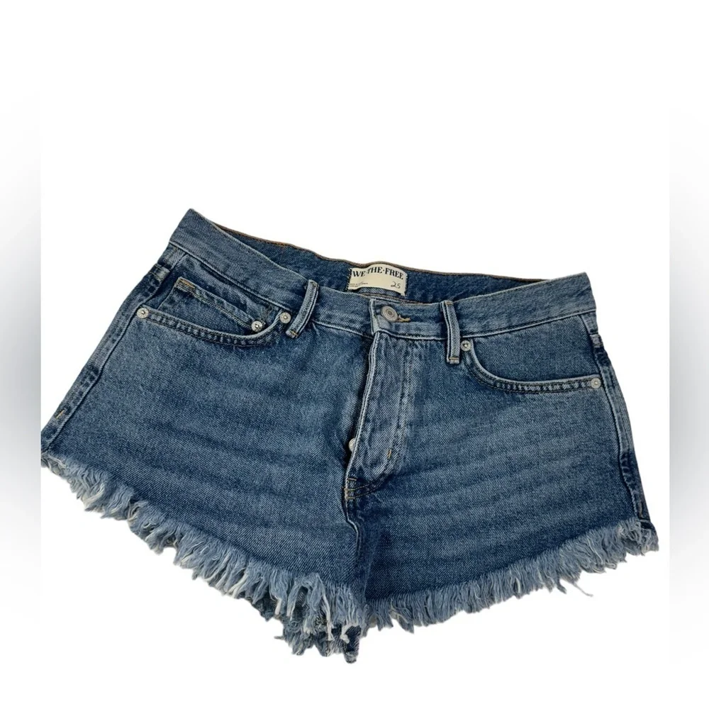 Free People We The Free Blue Distressed Hem Buttons Cheeky Denim Shorts Women 25